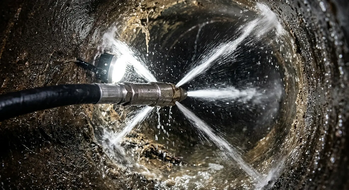 High-pressure hydro jetting nozzle cleaning sewer pipe for Sewer Cleanout in Chamblee