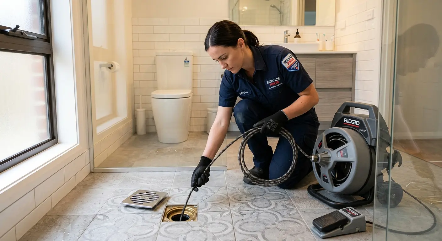 Technician clearing a bathroom floor drain for Sewer Line Installation in Chamblee